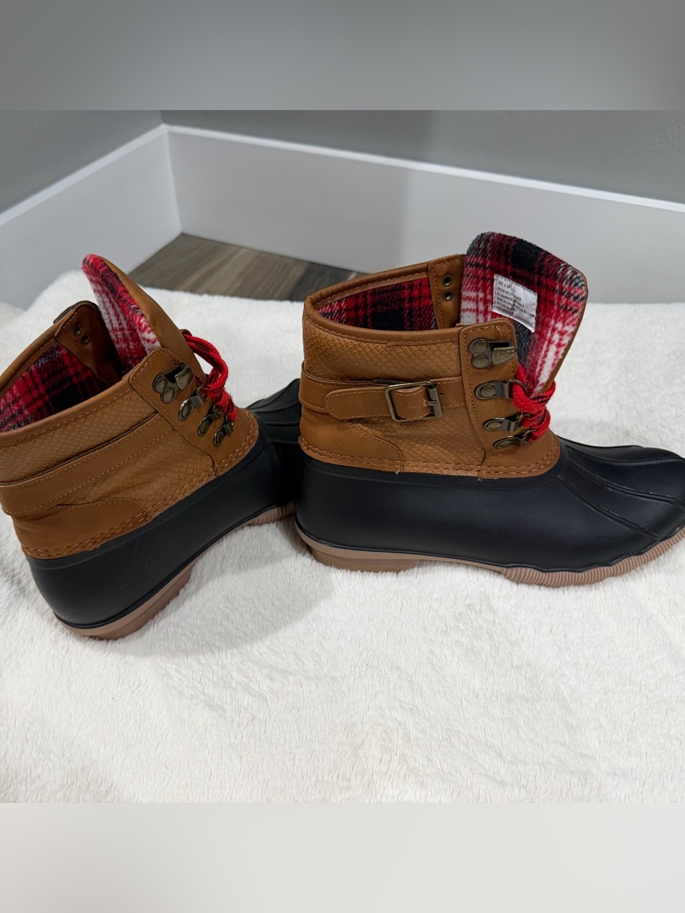 Women’s Waterproof Duck Boots in Brown and Black with Red Laces